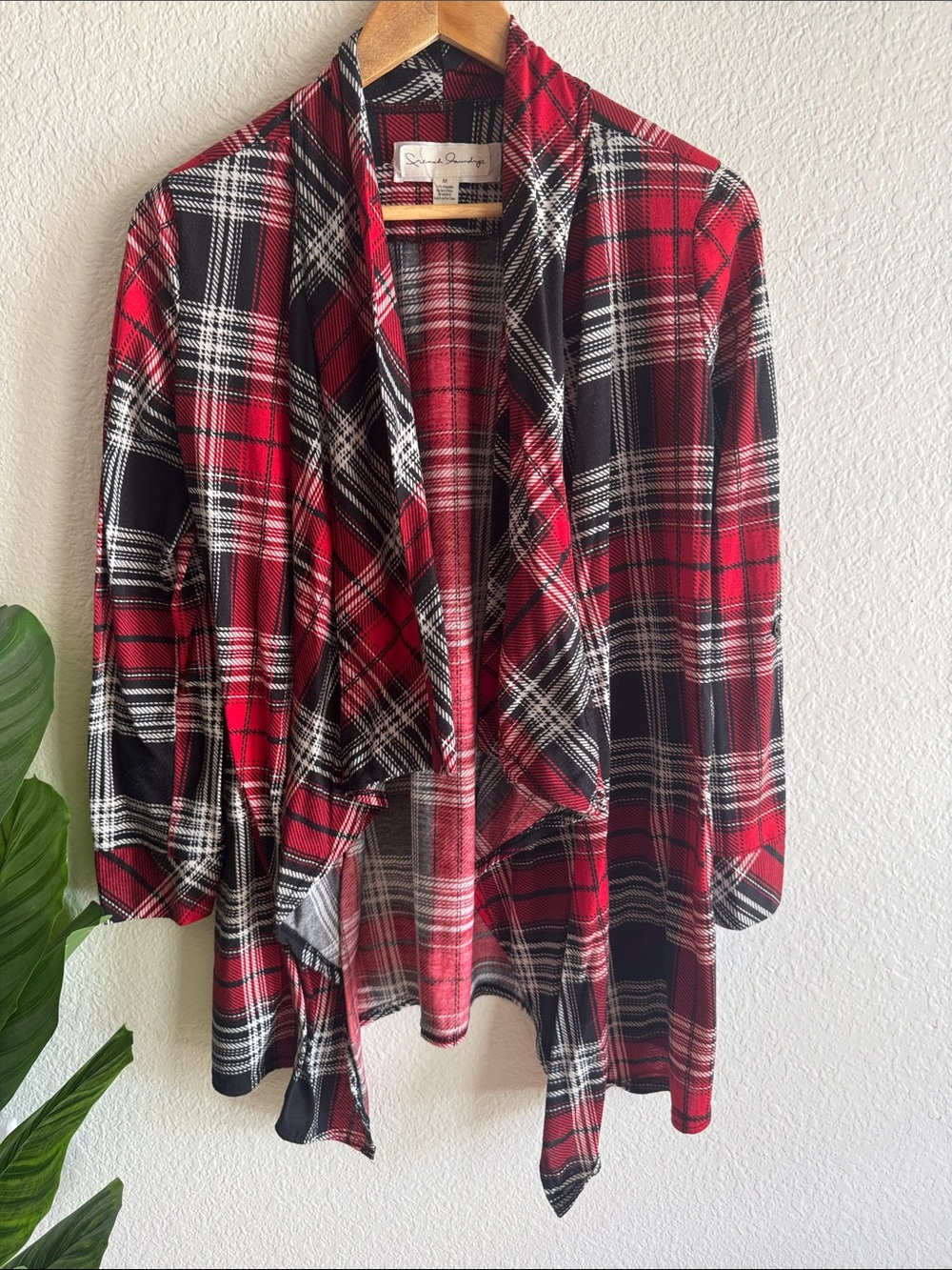 French Laundry Red Black Plaid Draped Open Cardigan Jacket
